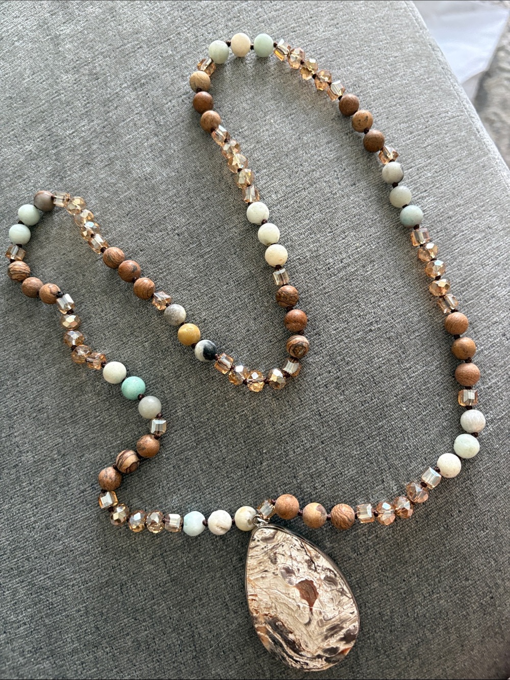 Boho Teardrop Pendant Beaded Necklace in Brown & Cream